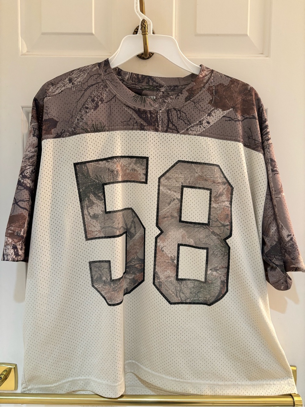 Hollister Men's White Mesh Jersey with Brown Camo '58'